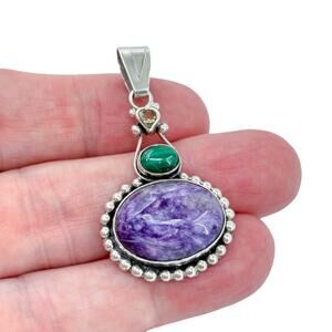 Purple Charoite Green Malachite Yellow Citrine Pendant | Sterling Silver 925